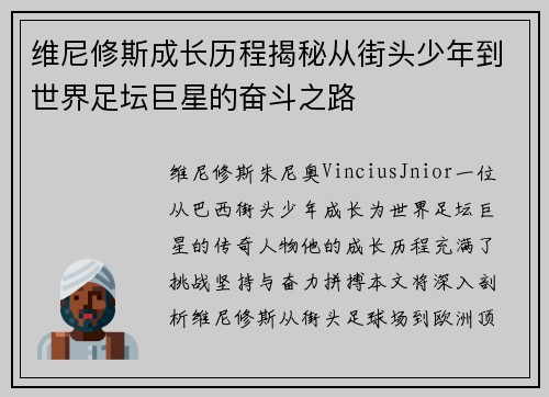 维尼修斯成长历程揭秘从街头少年到世界足坛巨星的奋斗之路