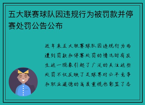 五大联赛球队因违规行为被罚款并停赛处罚公告公布 五大联赛球队因违规行为被罚款并停赛处罚公告公布